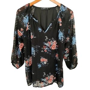 BKE Black Floral 3/4 Sleeve Sheer Beaded Blouse